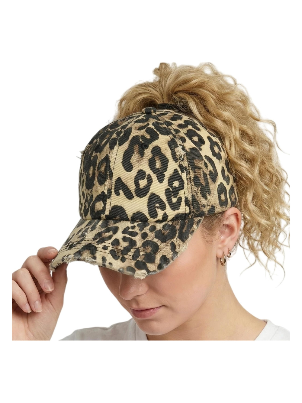 Womens High Ponytail Messy Bun Baseball Caps | Solid Fabric Leopard | Size OS